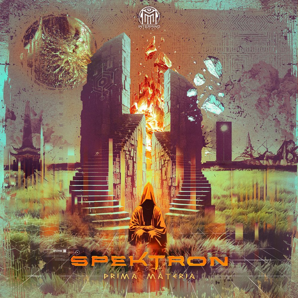 Prima Materia EP cover art: a hooded figure before burning stone ruins, by Decoded Design